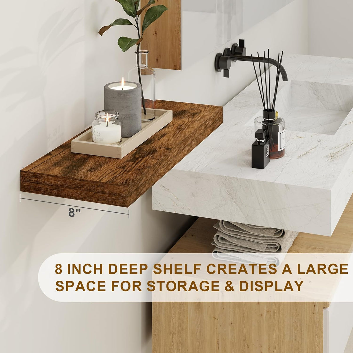 Floating Shelves, 8 Inch Deep Floating Shelves, 24"W x 8"D Wall Shelves Set of 2, Rustic Wood