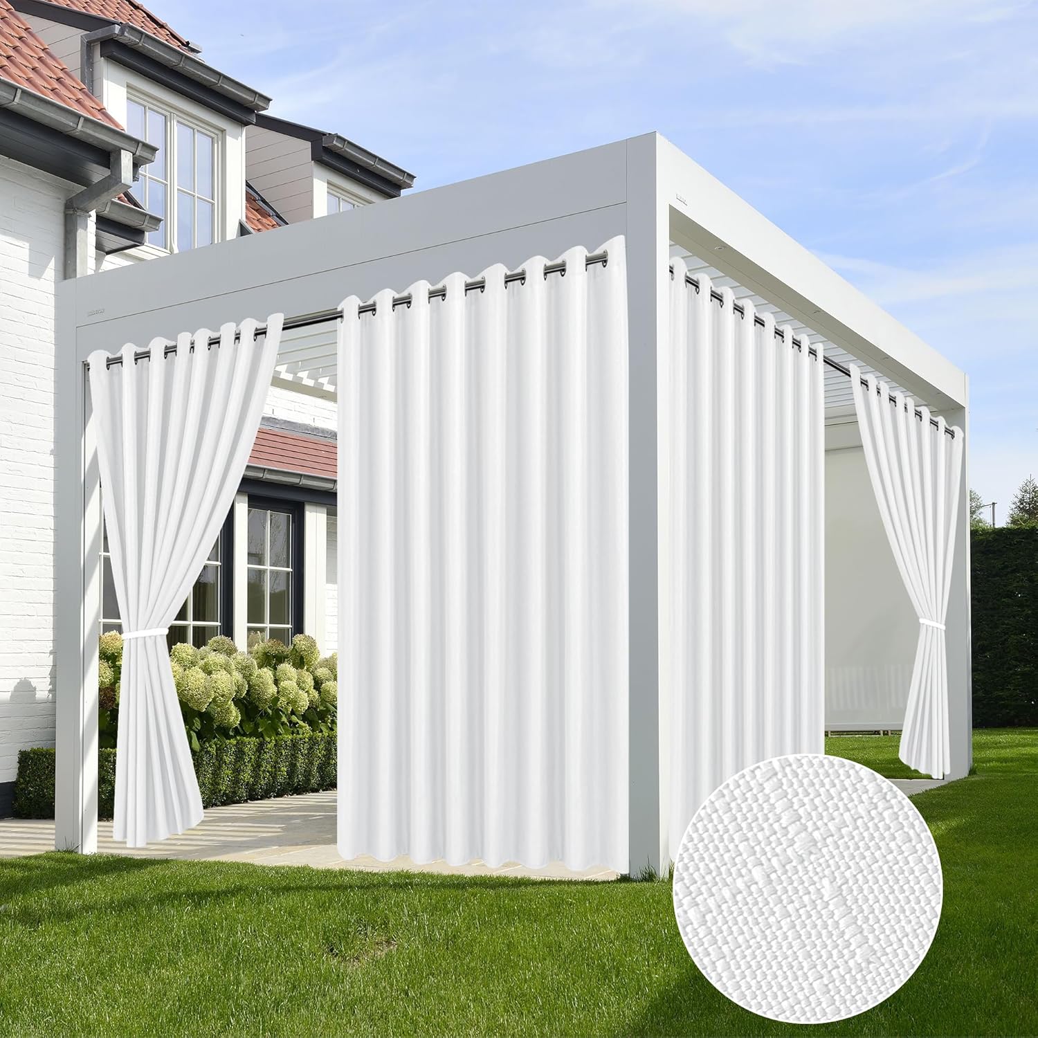 HolidayIdeas 4 Panels Linen Outdoor Curtains for Patio Waterproof White Curtains 84 Inch Length