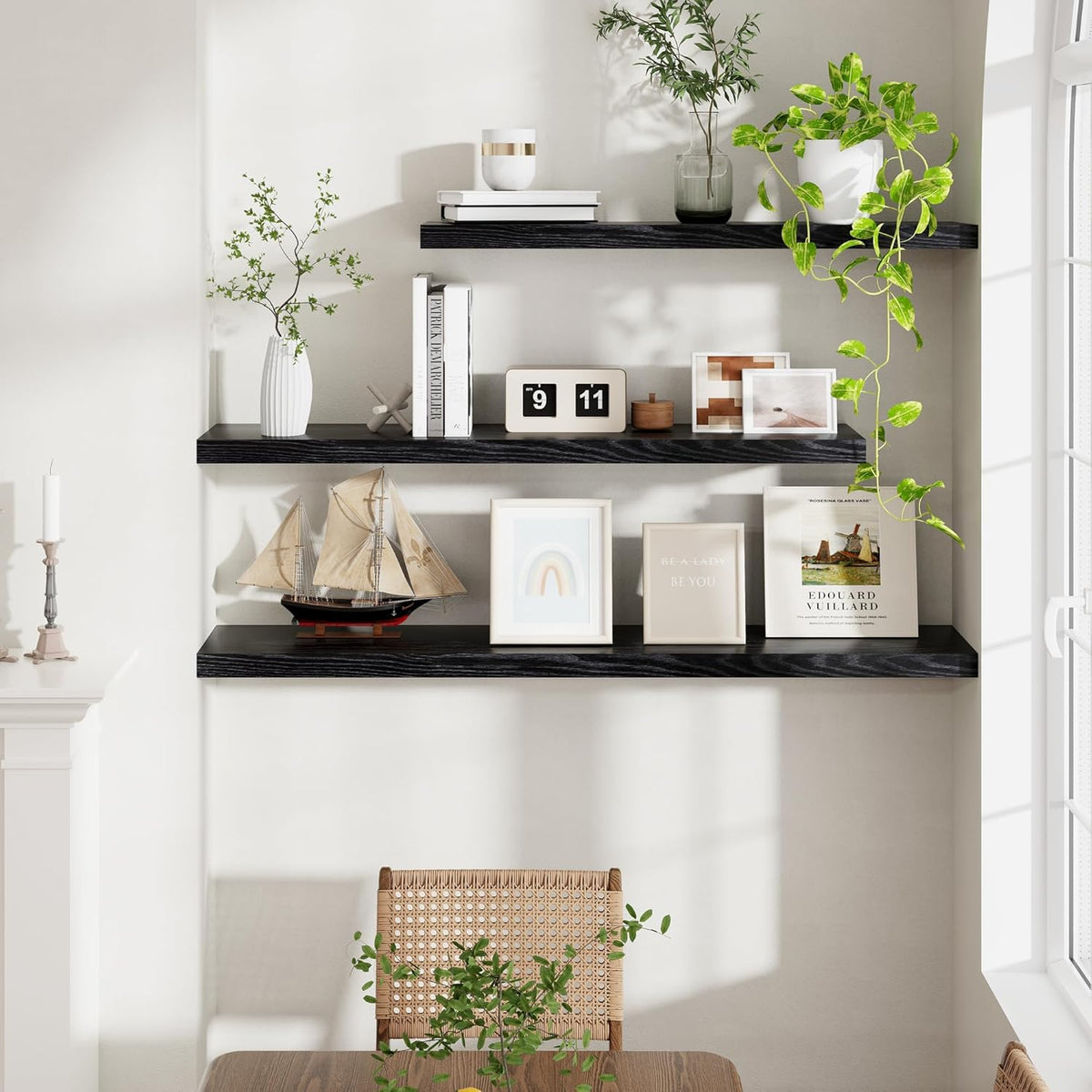 Fun Memories Floating Shelves 48 Inch Set of 2, Black 48 x 9 Wall Shelves for Home Decor Storage