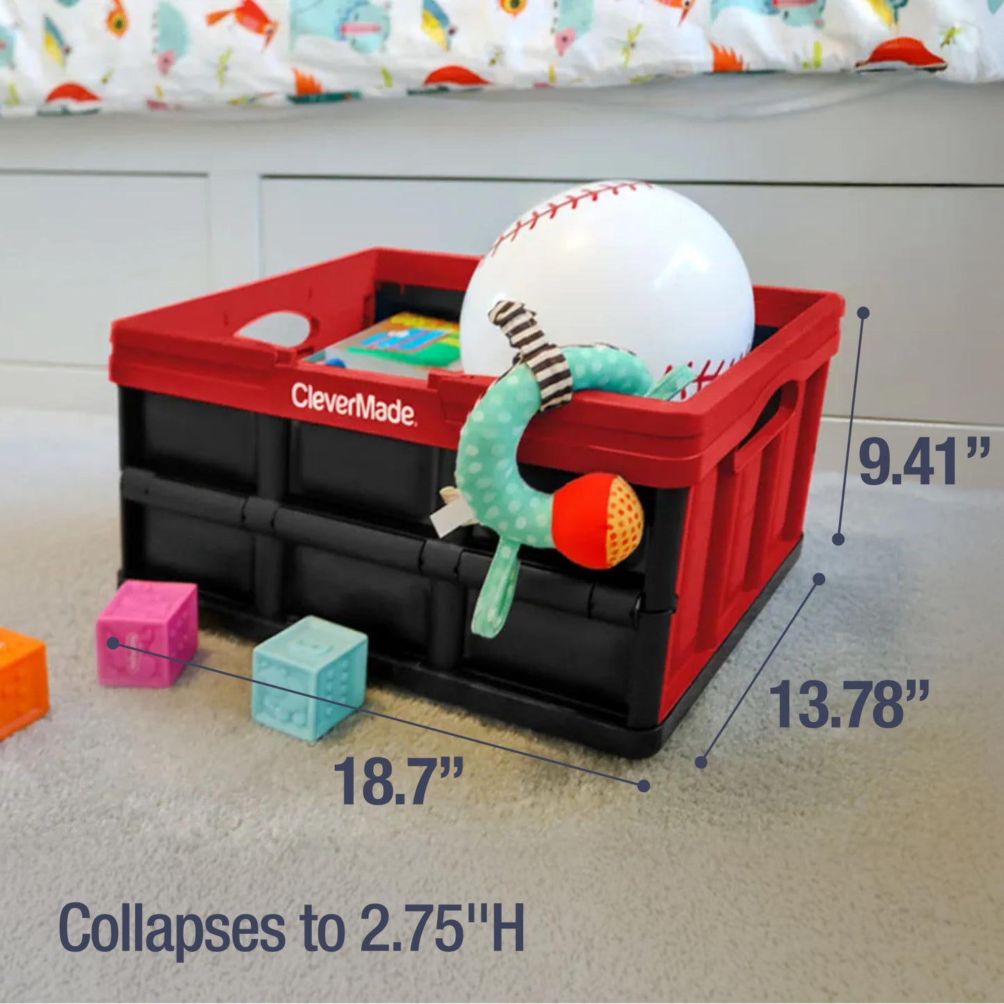 CleverMade Collapsible Shopping Basket, 32L Storage Crate, 1 Pack, Red