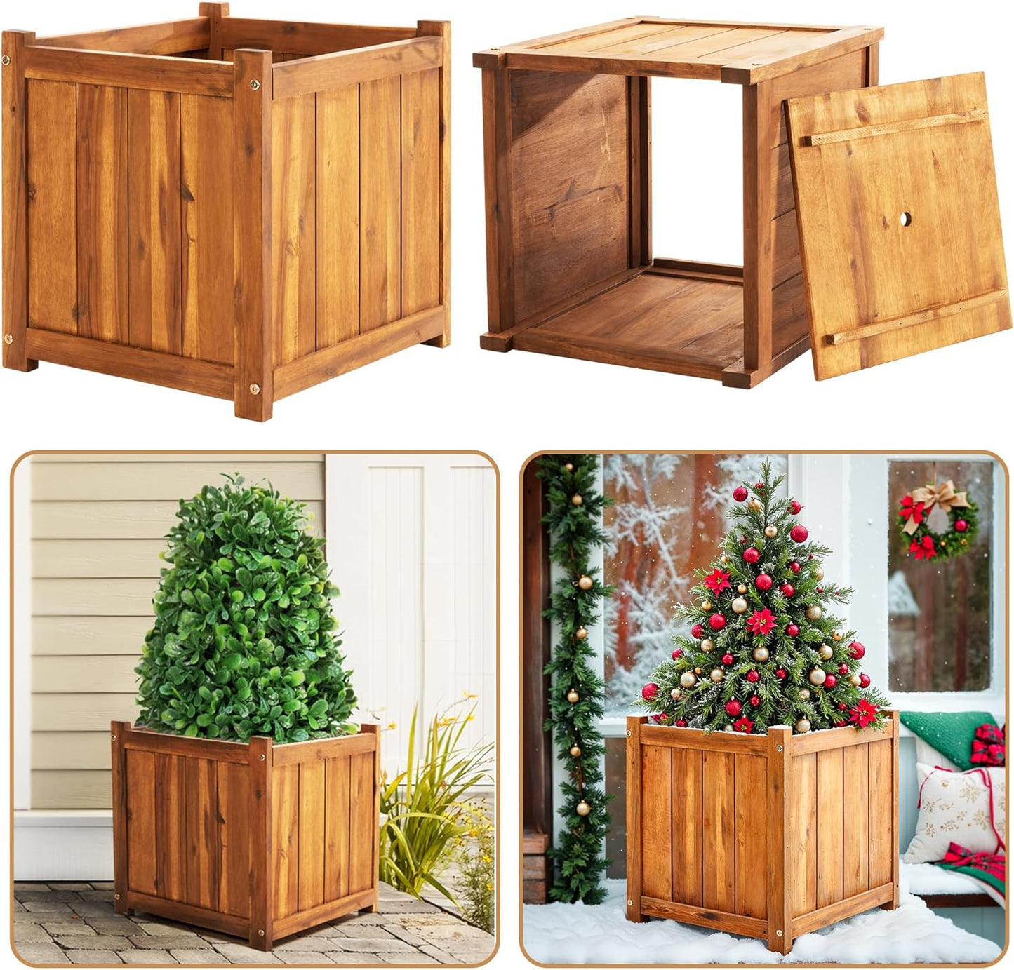 Idzo Set of 2 Hardwood Outdoor Flower Box, Durable Acacia Wood Flower Boxes for Outdoor Plants with