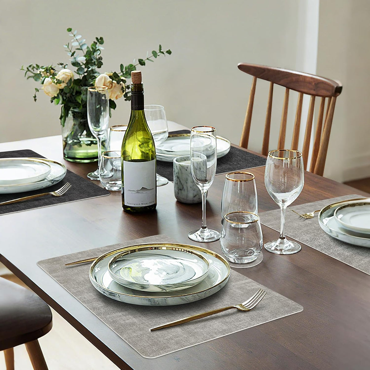 Faux Leather Dual Sided Placemats Set of 4, Square Non-Slip Heat Resistant Placemats with Coaster