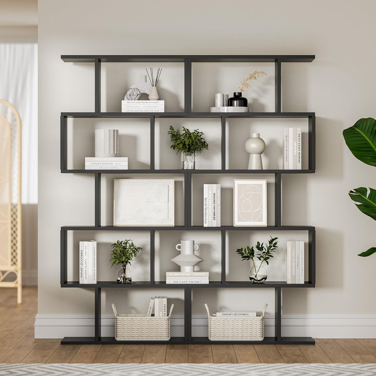 Black 5-Tier Geometric Bookcase, S-Shaped Modern Bookshelf Set of 2, 62.6" Tall Room Divider Book
