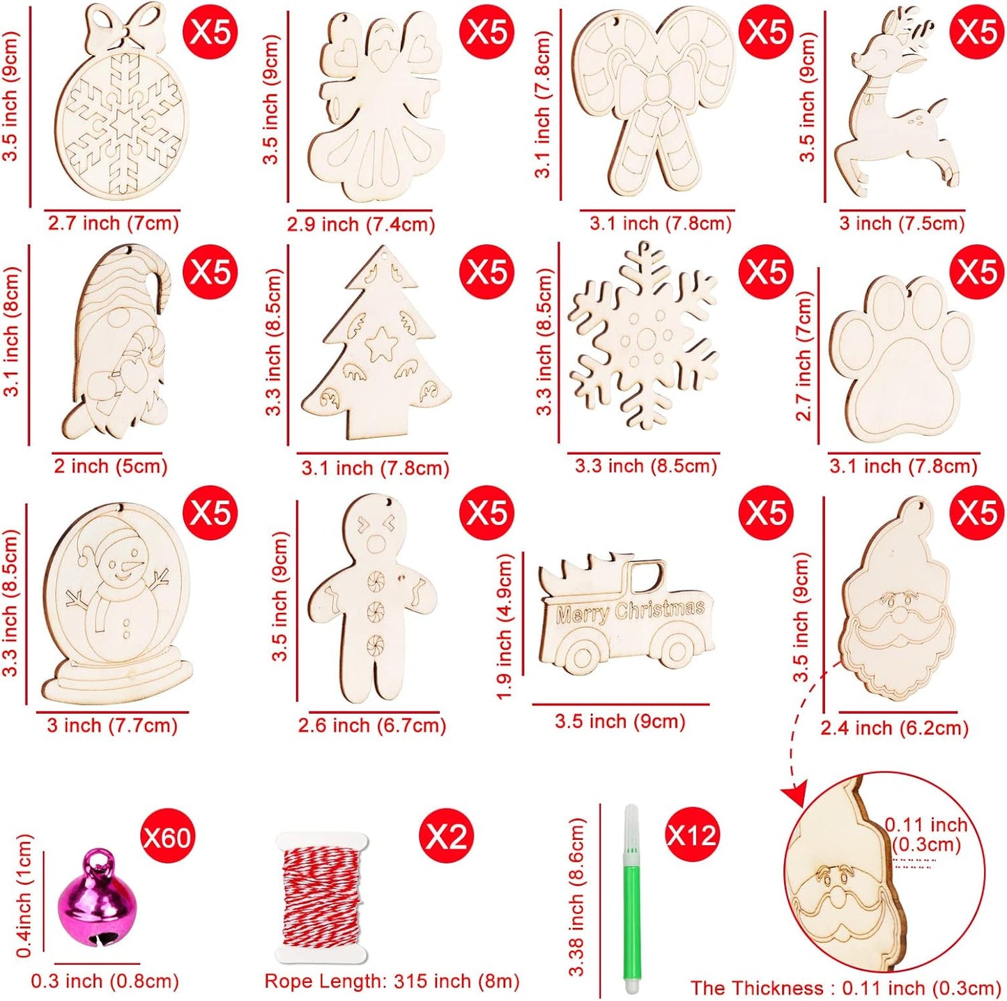 GUDELAK 60PCS DIY Wooden Christmas Ornaments, 12 Styles Christmas Crafts for Kids Adults with