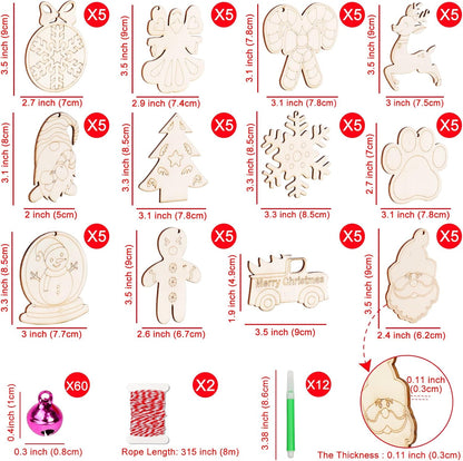 GUDELAK 60PCS DIY Wooden Christmas Ornaments, 12 Styles Christmas Crafts for Kids Adults with
