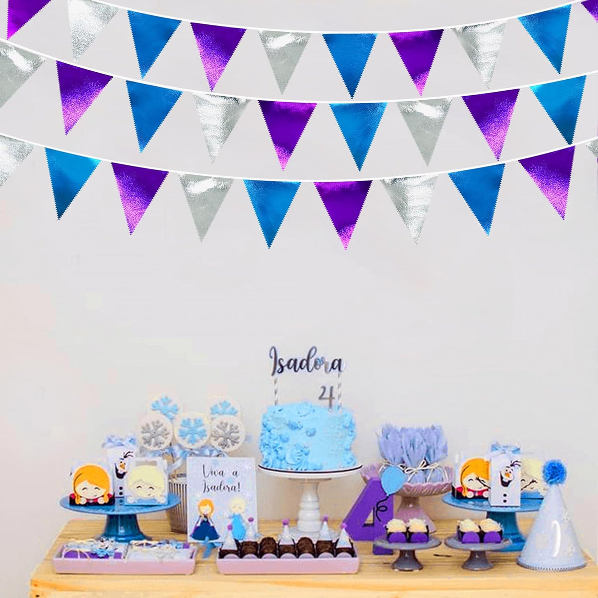 Frozen Party Decoration Purple Blue Silver Metallic Fabric Triangle Pennant Banner Flag Bunting