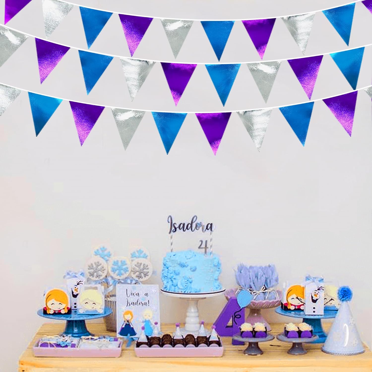 Frozen Party Decoration Purple Blue Silver Metallic Fabric Triangle Pennant Banner Flag Bunting