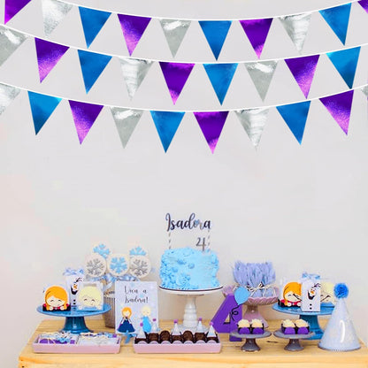 Frozen Party Decoration Purple Blue Silver Metallic Fabric Triangle Pennant Banner Flag Bunting