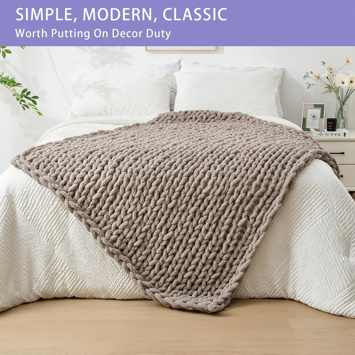 Bigacogo Chunky Knit Throw Blanket for Couch, 40x60 inches, 100% Hand Knitted with Thick Jumbo