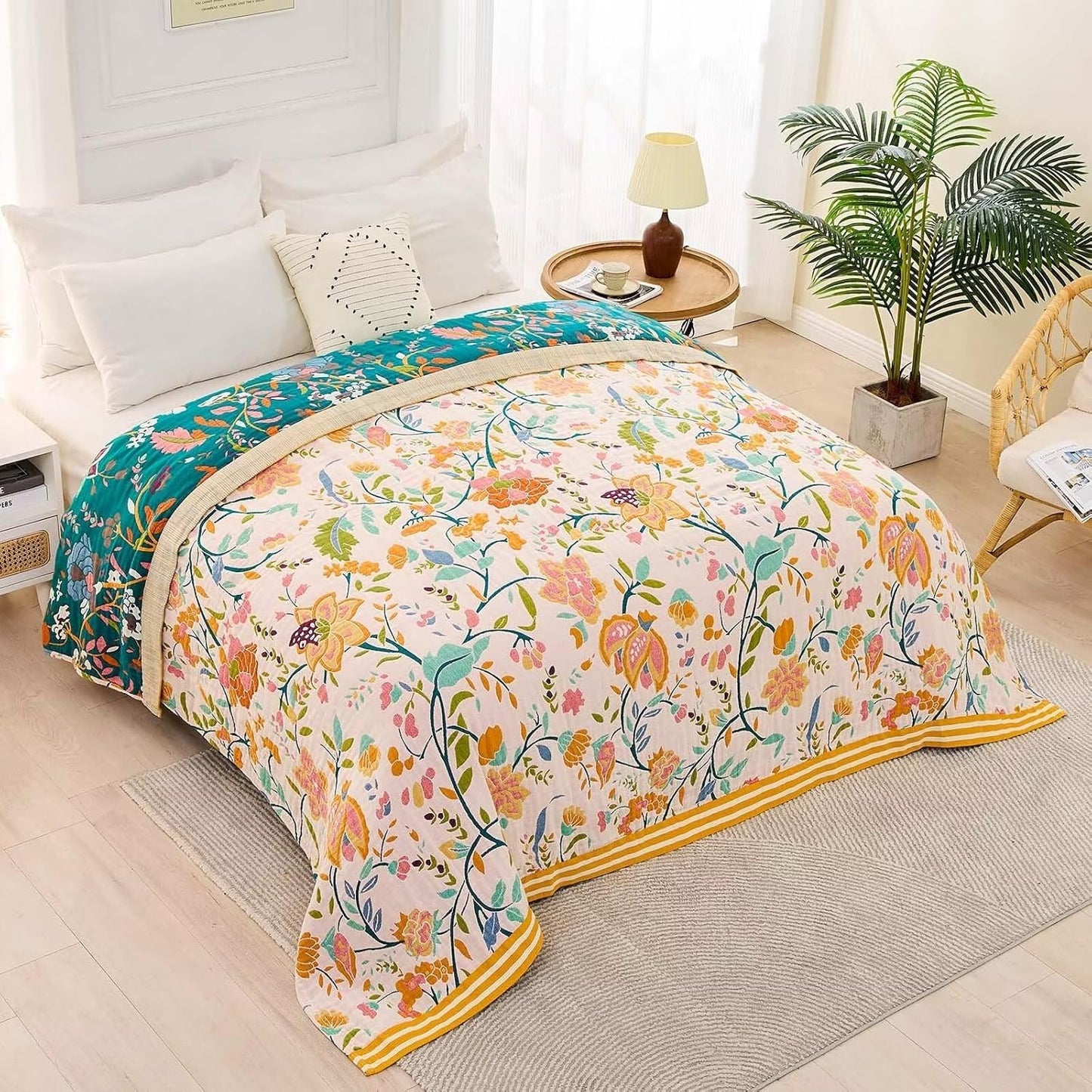 Boho Throw Blanket for Bed, 100% Cotton Soft Rustic Quilt Fall Blanket, 80" 90" Floral Printed