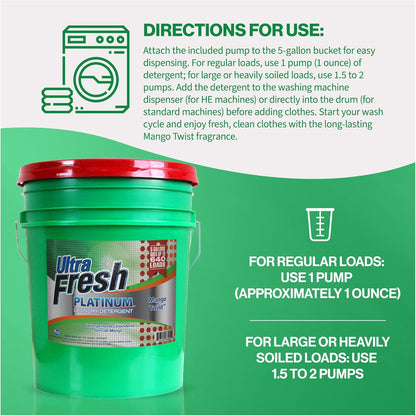 Ultra Fresh 5 Gallon Liquid Laundry Detergent Washing Soap for All Machine Types, 3X Platinum, Up