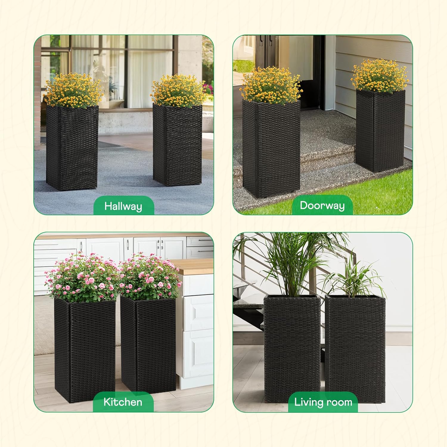 IDZO All-Weather Wicker Planters, Set of 2, 24 in Tall Wicker Planters, Self-Watering with