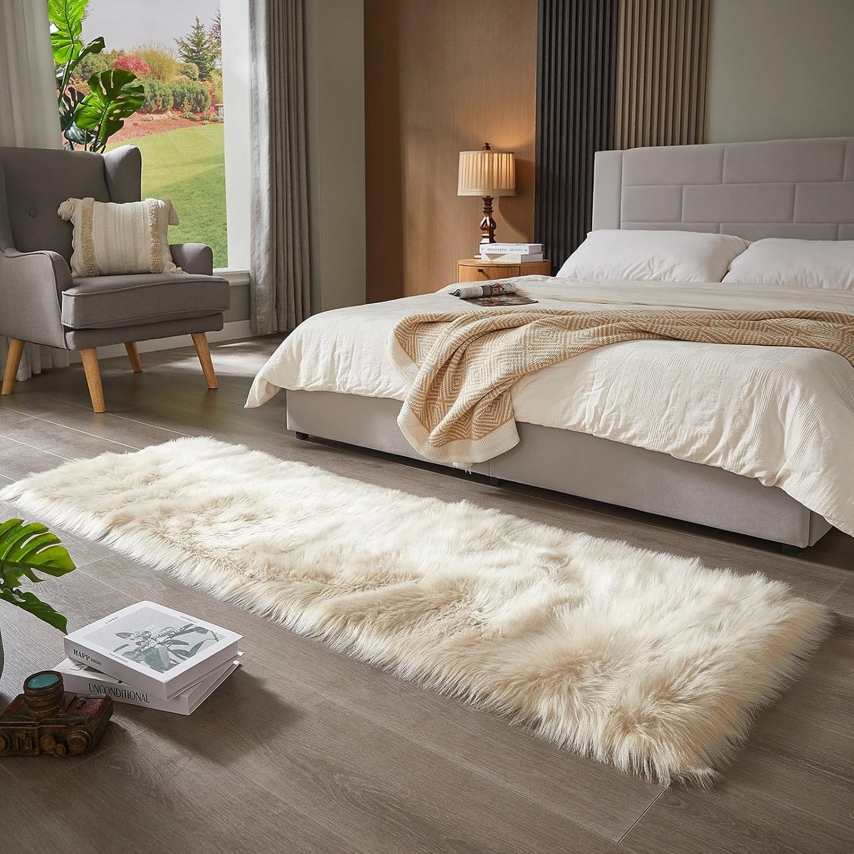 AMTOVO Faux Fur Rug, Beige Ultra Soft Fluffy Shag Sheepskin Rug, 2 x 6 ft Runner Area Rugs for
