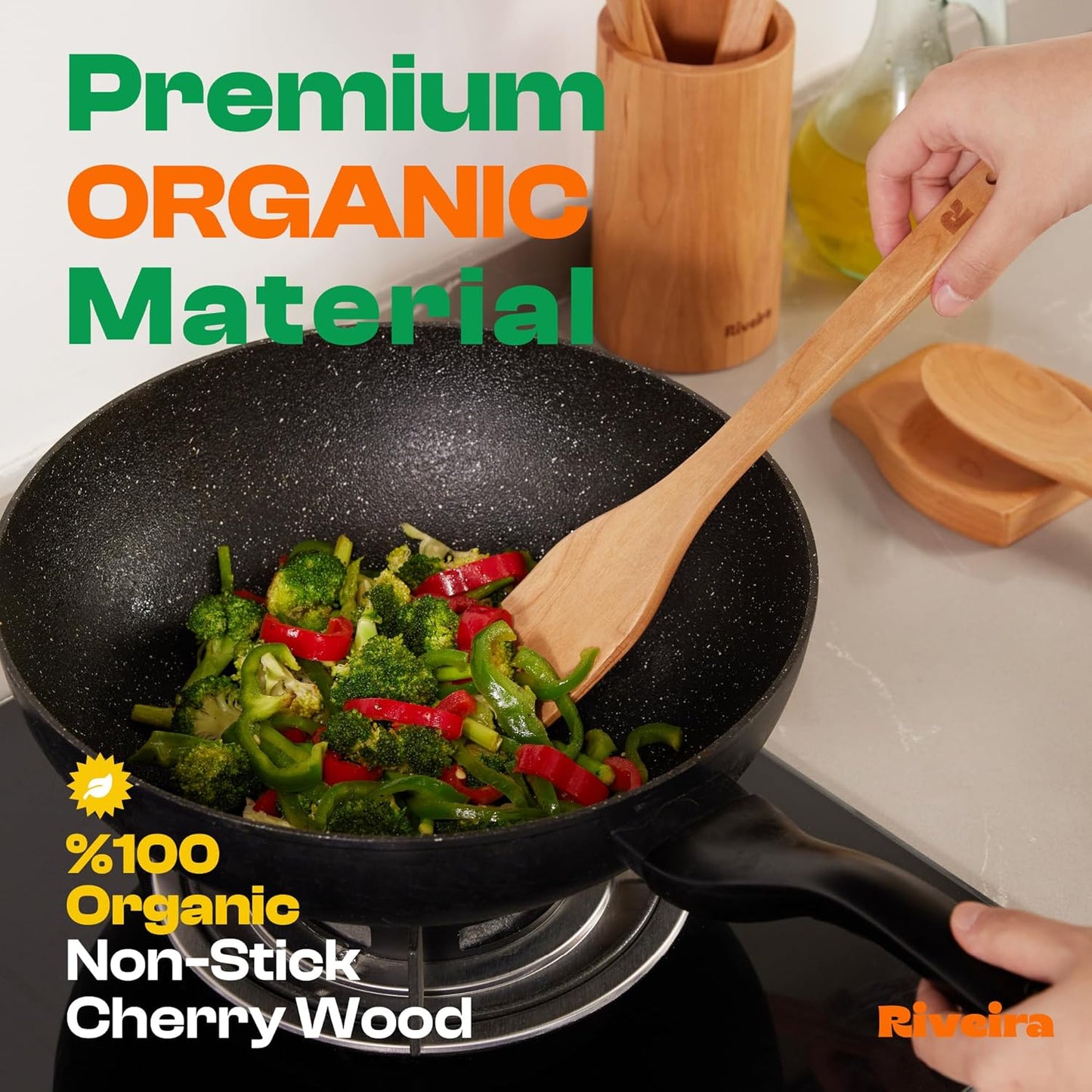 Riveira Cherry Wooden Spoons for Cooking Set of 3 – Natural Cherry Wooden Cooking Utensils, Wooden