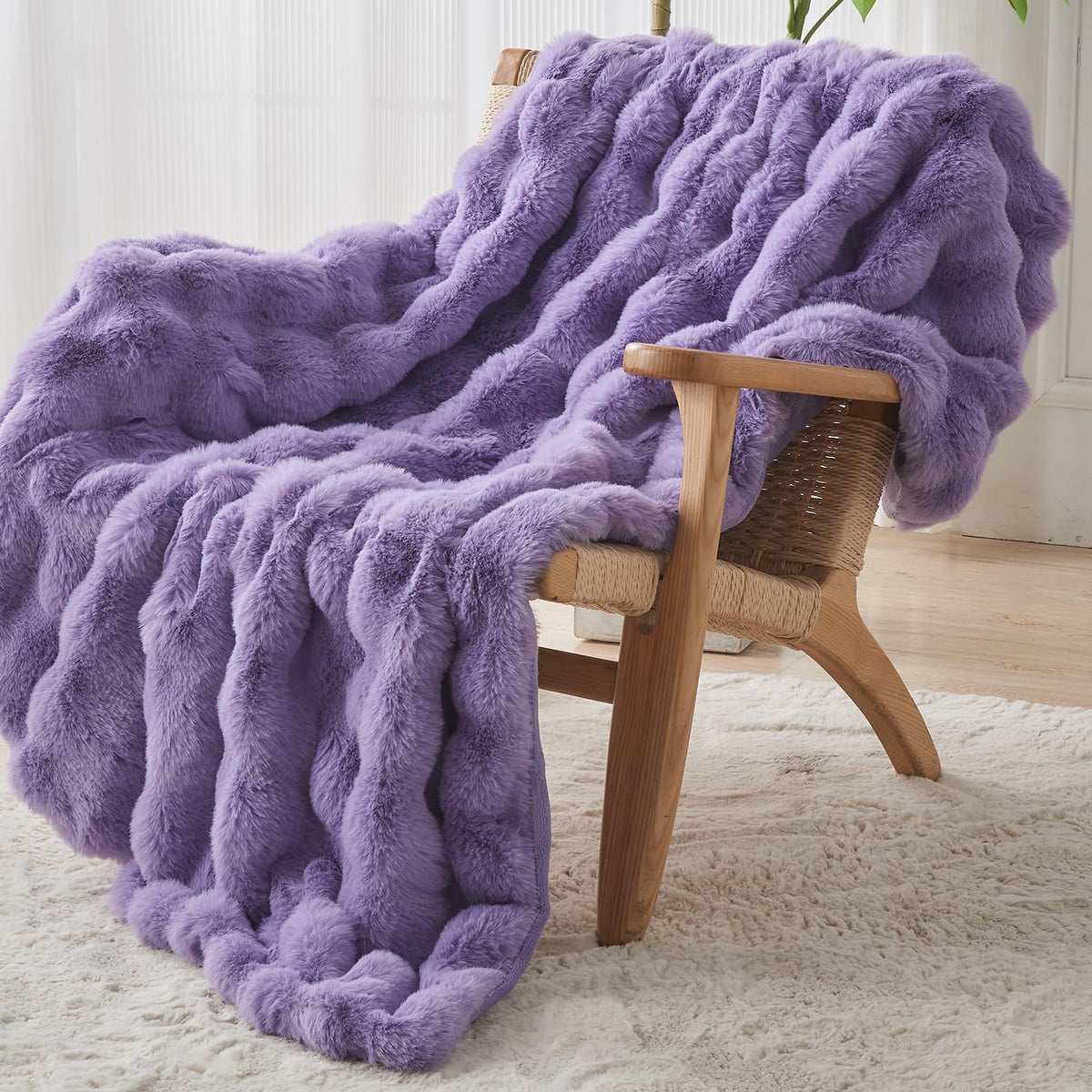 Lotus Karen Faux Fur Throw Blanket Purple - Big Bubble Rabbit Fluff Blanket for Couch Bed