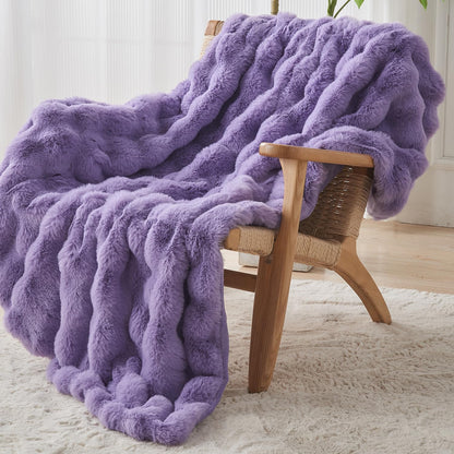 Lotus Karen Faux Fur Throw Blanket Purple - Big Bubble Rabbit Fluff Blanket for Couch Bed