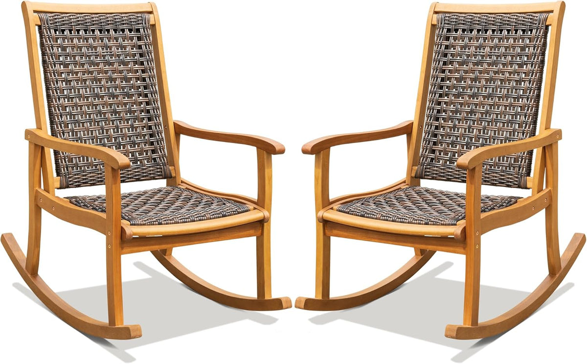 Idzo Wood Wicker Rocking Chair, 400 lbs Capacity, Durable Eucalyptus Wood, Natural Finish