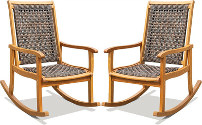 Idzo Wood Wicker Rocking Chair, 400 lbs Capacity, Durable Eucalyptus Wood, Natural Finish