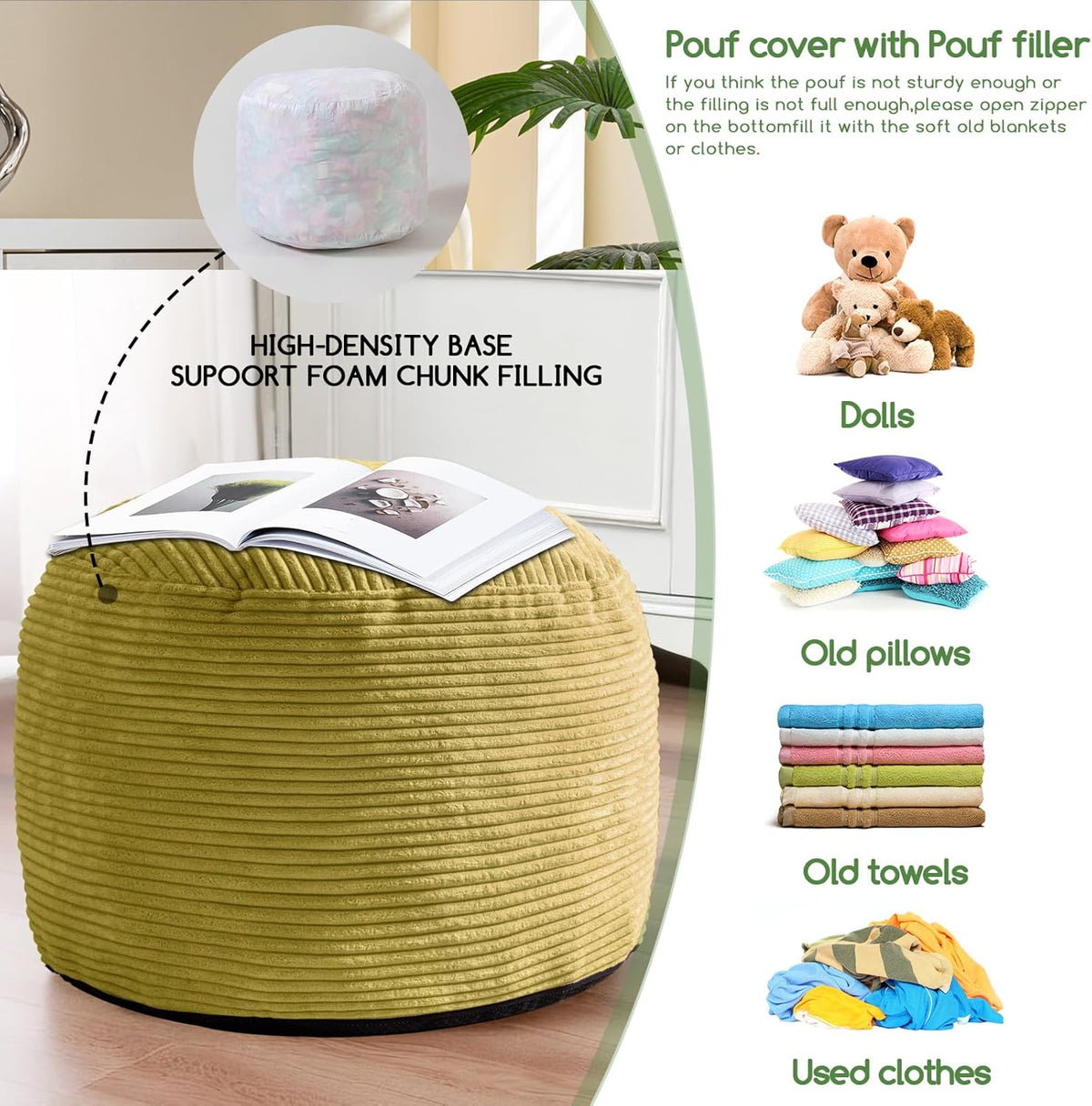 HIGOGOGO Round Stuffed Pouf Ottoman, Corduroy Poufs with Foam Chunk Filling, Furry and Fluffy Pouf