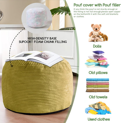 HIGOGOGO Round Stuffed Pouf Ottoman, Corduroy Poufs with Foam Chunk Filling, Furry and Fluffy Pouf