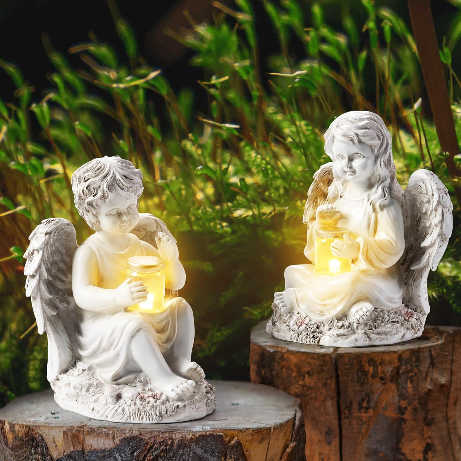 2 Pack Outdoor Angel Statue Garden Decor, Classic Solar Angel Figurine Decoration for Yard Art