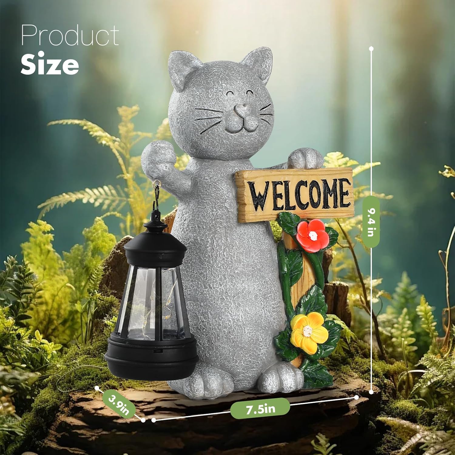 Json Garden Statue Solar Cat Figurine with Lantern, Solar Garden Decorations Statues for Patio
