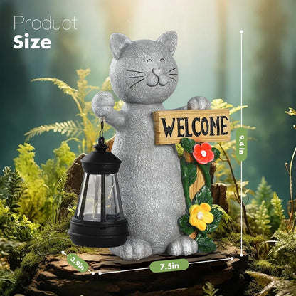 Json Garden Statue Solar Cat Figurine with Lantern, Solar Garden Decorations Statues for Patio
