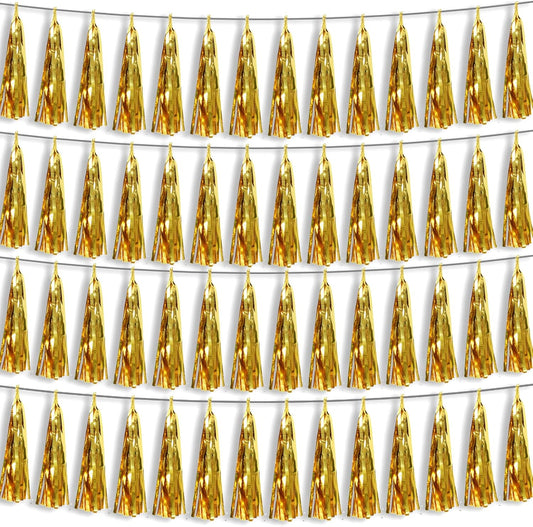 4P Gold Foil Fringe Metallic Tassel Streamers Banner Tassel Garland for Parade Floats