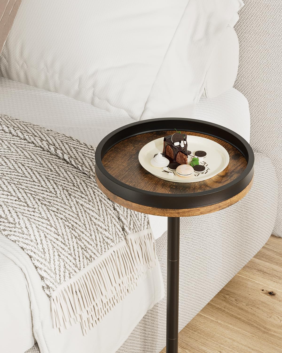 Masupu Drink Table, Round Side Table for Small Spaces, Pedestal Small End Table with Metal Base