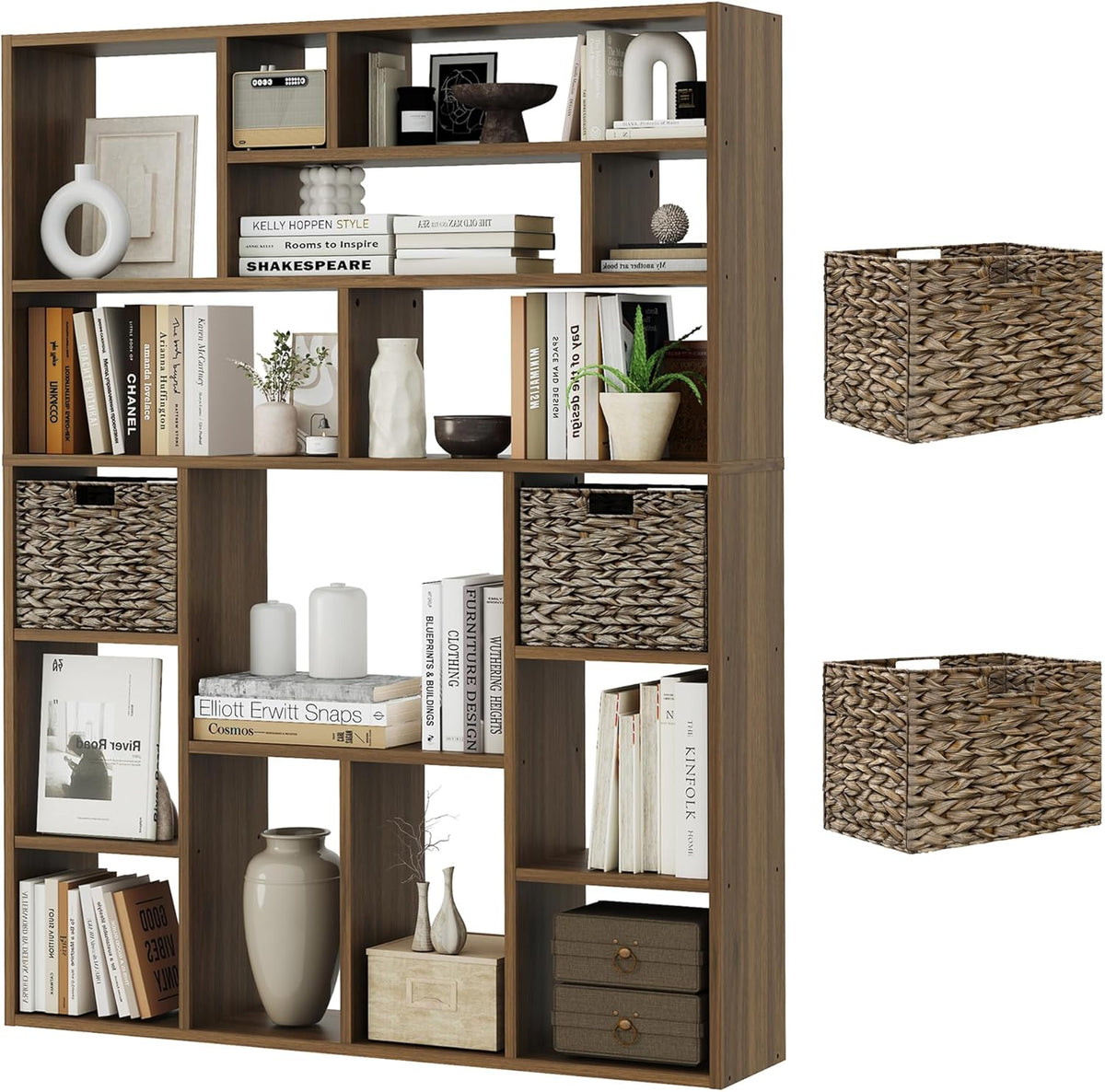 71” Tall Wooden Bookcase 6-Tier Large Bookshelves with 2 Woven Baskets, 55" Wide Floor Standing