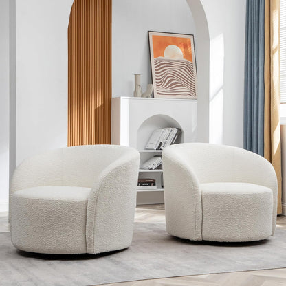 KINWELL 34" W Swivel Barrel Chair Set of 2, Mid Century Modern Round Upholstered Boucle Swivel