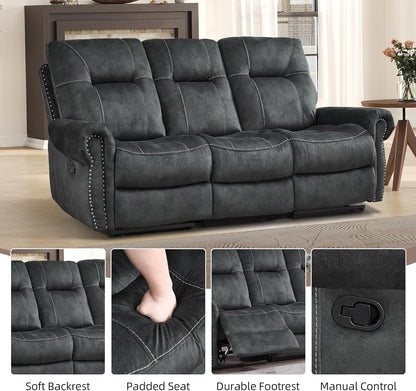 EBELLO Manual Recliner 3 Seat Sofa Couch, Soft Fabric 3 Seater Reclining Couch Chair, Vintage Rivet