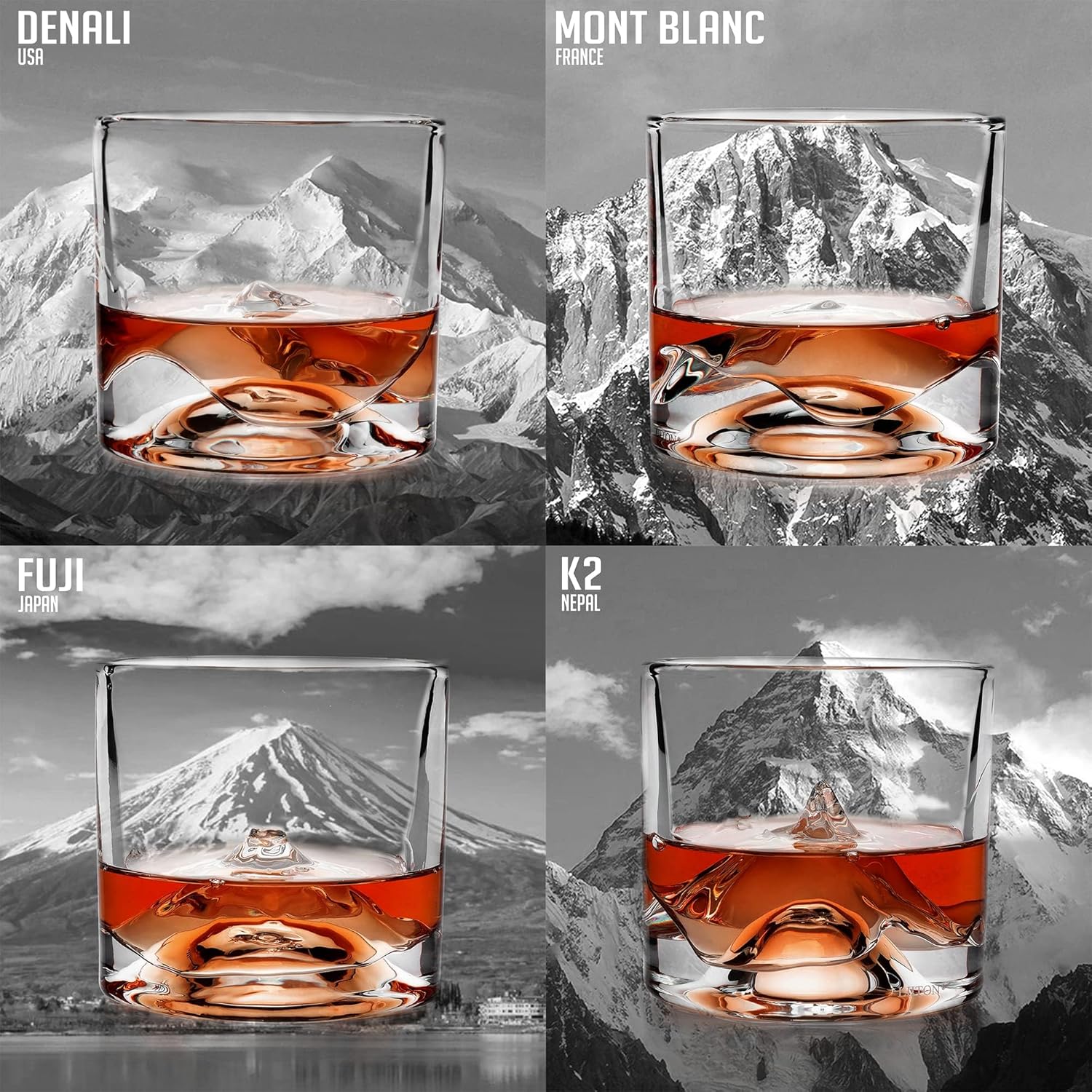 The Peaks Heavy Crystal Whiskey Glasses Gift Set of 4, Thick Freezable Bourbon Glass 1lb Each
