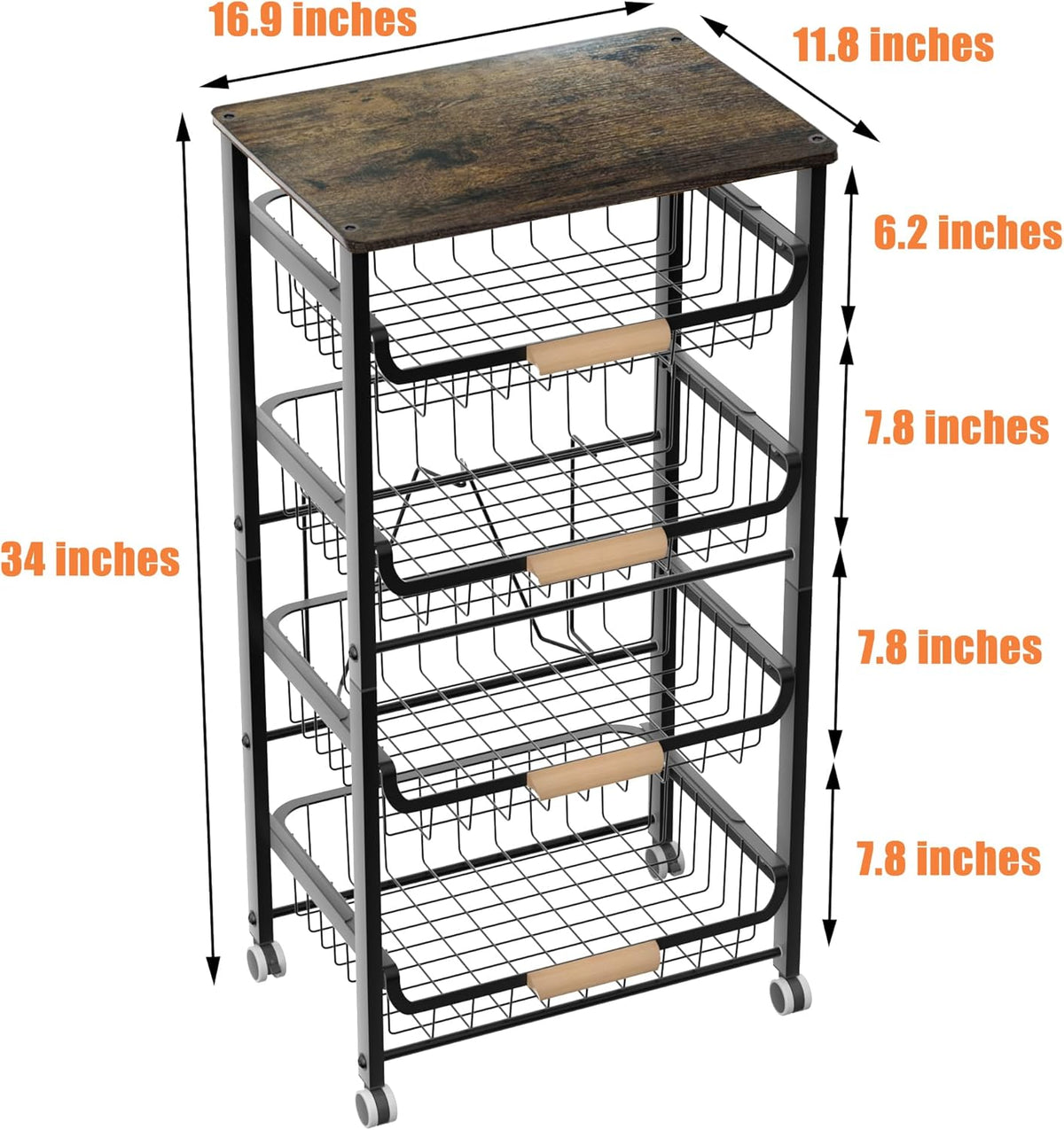 5-Layer Fruit Basket Kitchen Food Organizer and Rack, Stackable Storage Cart with Desktop, Pull-Out
