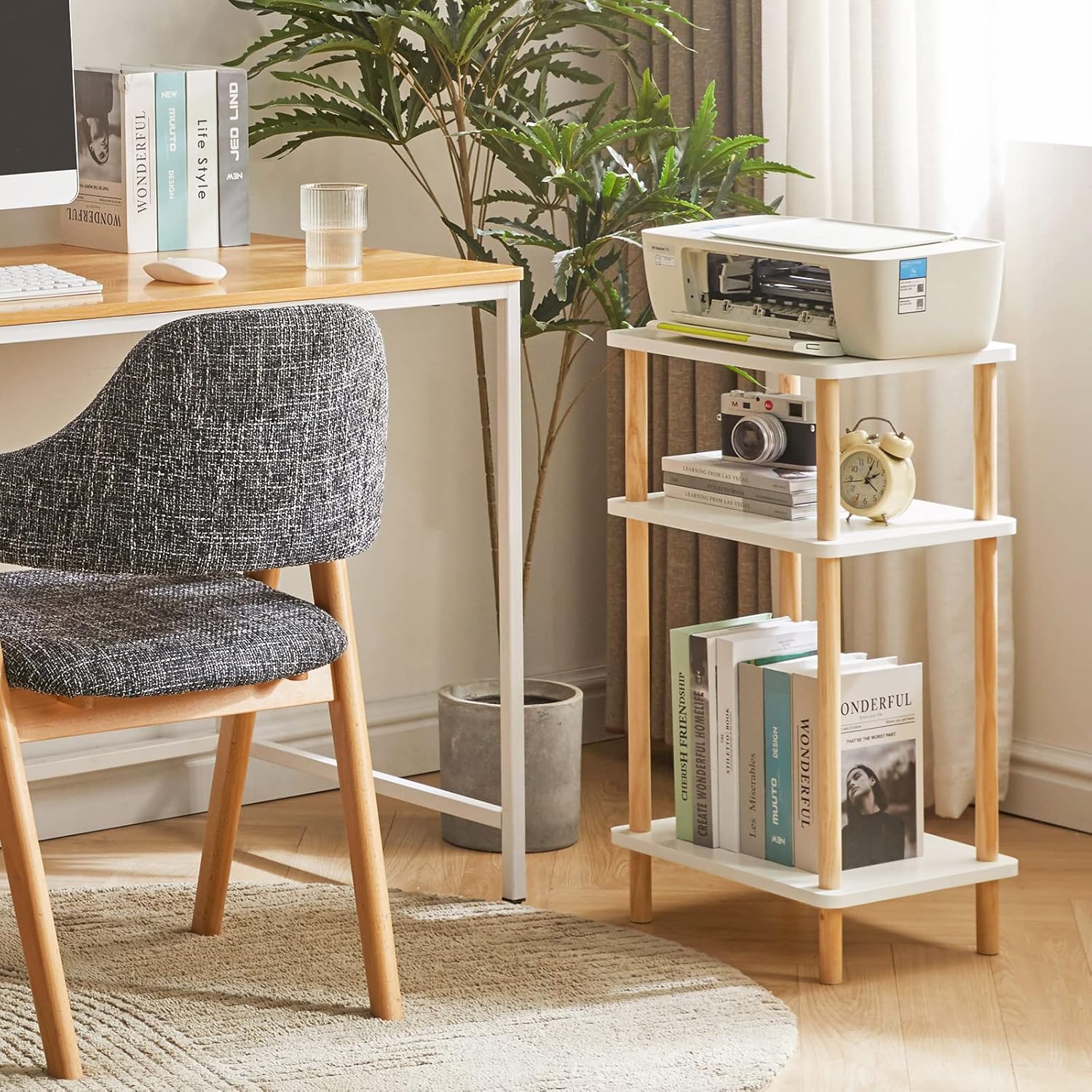 IBUYKE 3-Tier Side Table, Solid Wood Tall End Table with Storage Shelves, Nightstand Bedside Table