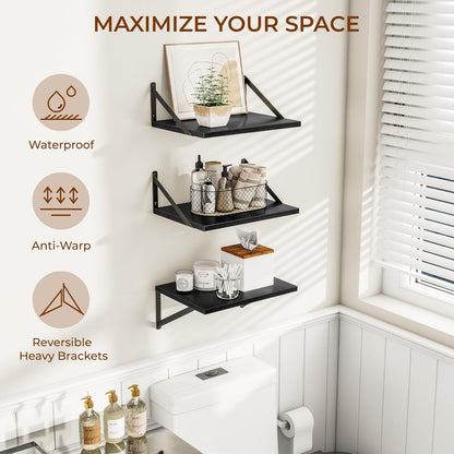 Heimlove Deep Floating Shelves for Wall, 12 Inch Deep Floating Shelves Set of 3, 16W x 12D Wood