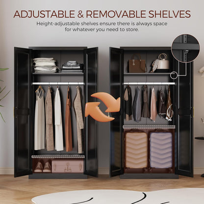 71" Metal Armoire Wardrobe Closet with 2 Doors, Tall Wardrobe Cabinet with Hanging Rod and