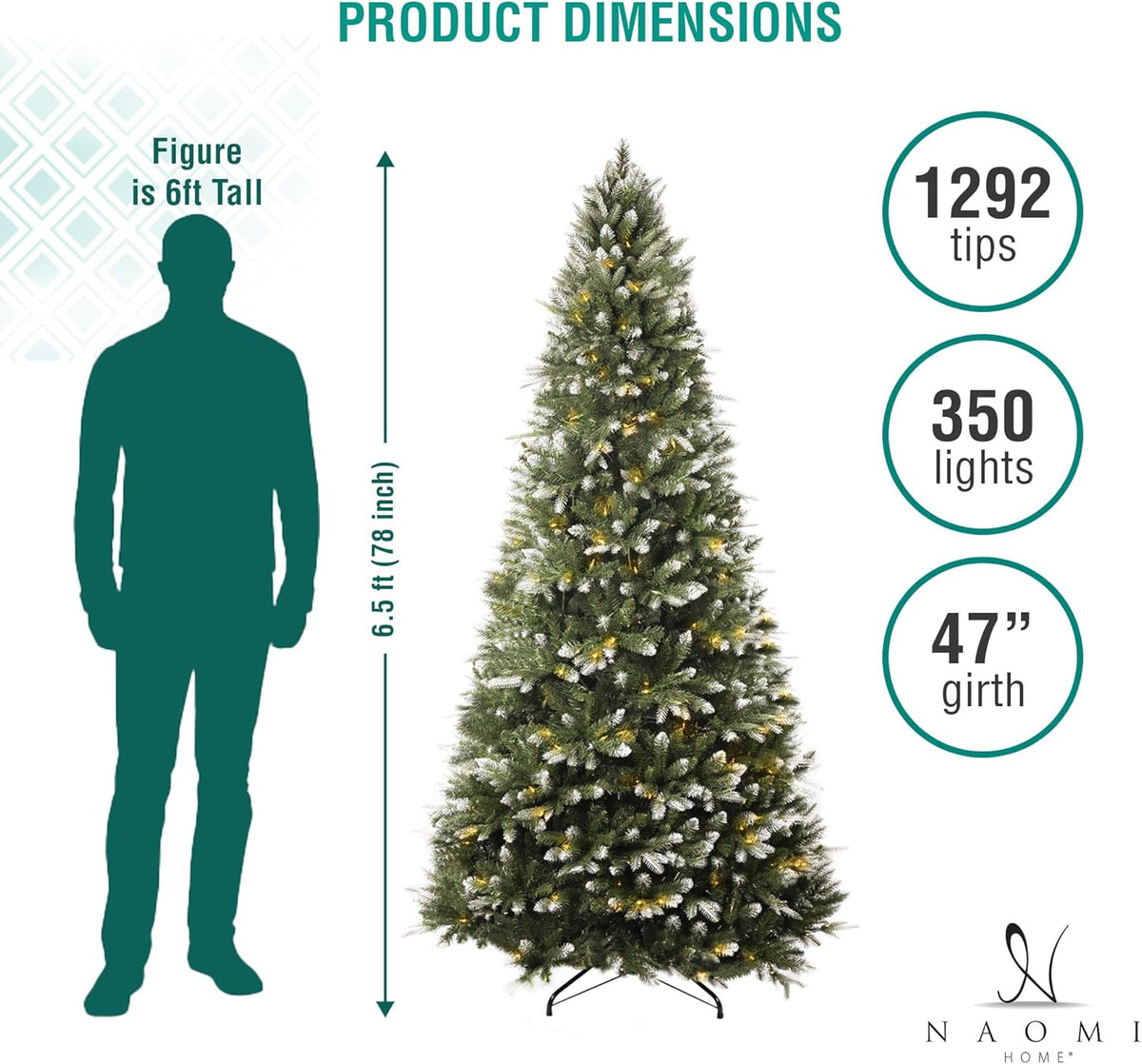 Naomi Home 6.5ft White Tip Christmas Tree with Lights, Realistic Light Snow Flocked Fir Prelit with