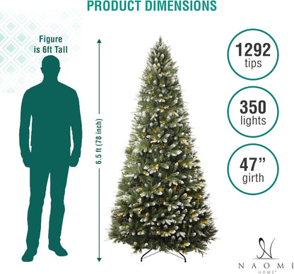 Naomi Home 6.5ft White Tip Christmas Tree with Lights, Realistic Light Snow Flocked Fir Prelit with