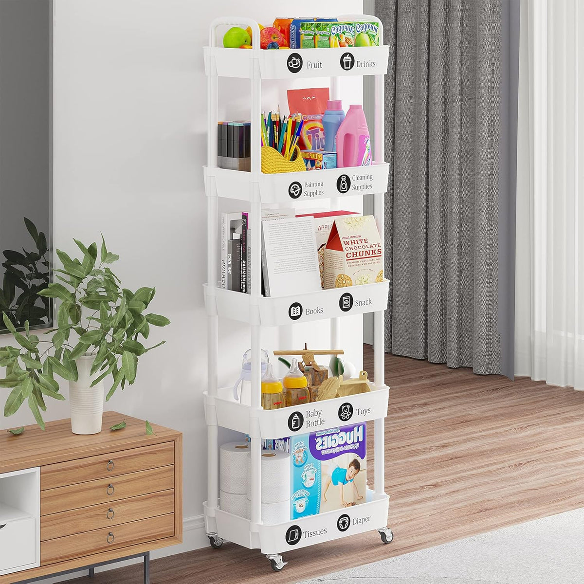 Laiensia 5-Tier Rolling Cart with Wheels,Multifunction Utility Storage carts, Kitchen Storage