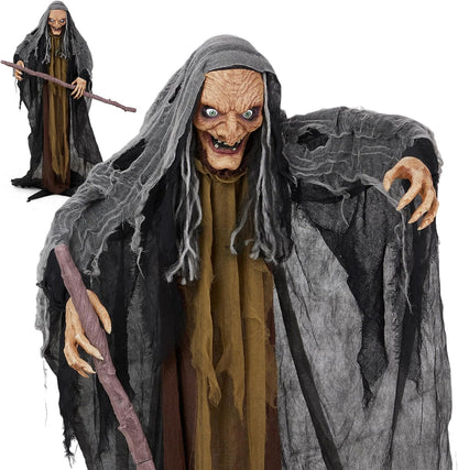 AW Animated Halloween Decorations,Scary Witch with Crutch,5.3FT Life Size Standing