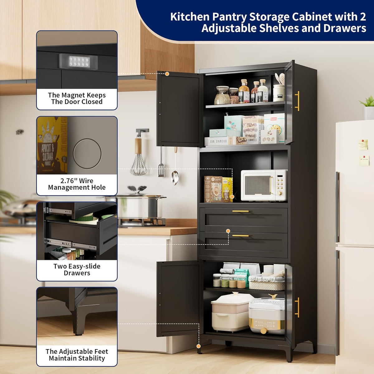 75” Tall Kitchen Pantry Storage Cabinet, Metal Storage Cabinet with 2 Drawers and Adjustable