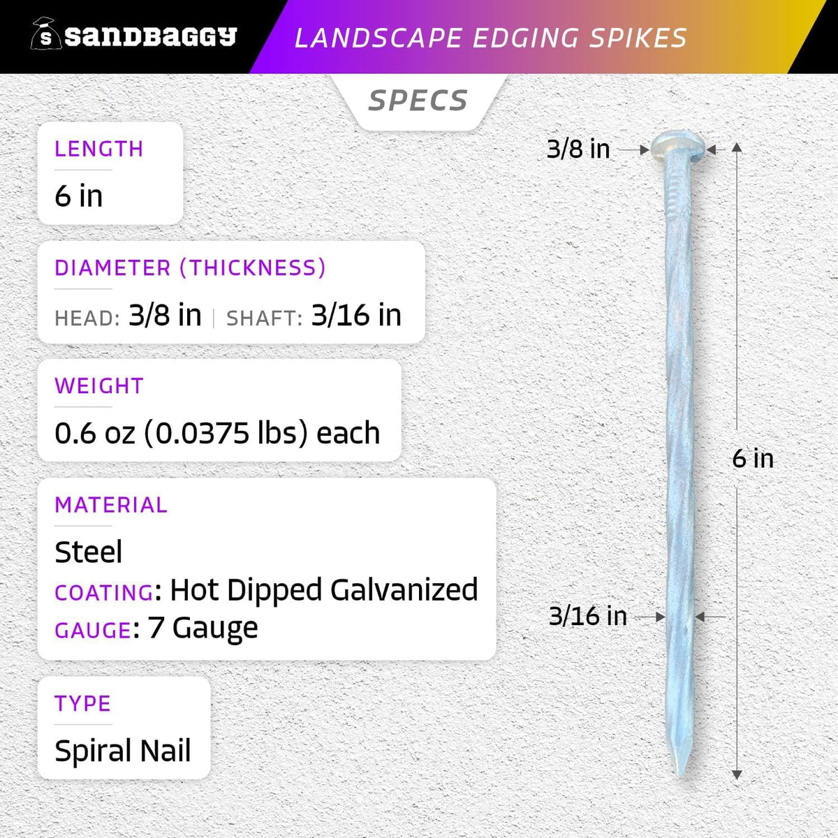 Sandbaggy 6 inch Galvanized Landscape Edging Spikes - Spiral Landscape Nails - 7 Gauge Steel