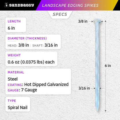 Sandbaggy 6 inch Galvanized Landscape Edging Spikes - Spiral Landscape Nails - 7 Gauge Steel