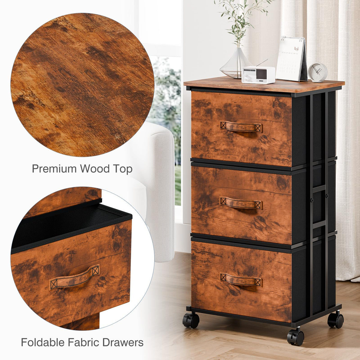 DUMOS Fabric Dresser 3 Drawer Storage Chest, Rolling Storage Tower, Rust