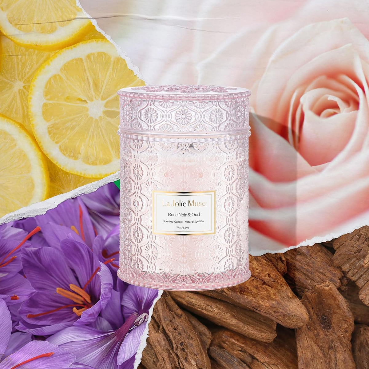 LA JOLIE MUSE Rose Noir & Oud Scented Candle – Lemon, Rose & Oud |19 oz Large Wooden Wick Candle |