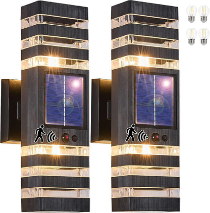 2 Pack Solar Outdoor Wall Lights with Motion Sensor 3-Mode Motion Outdoor Sconces 3000K 500LM Dusk
