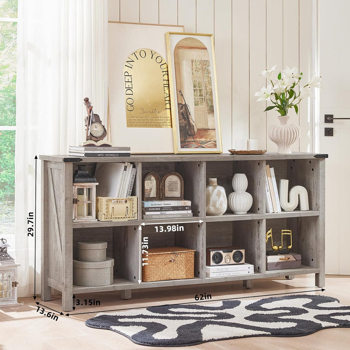 8 Cube Book Shelf, Farmhouse Wood Long Storage Organizer Bookcase, 62" Horizontal Grey Oak Console