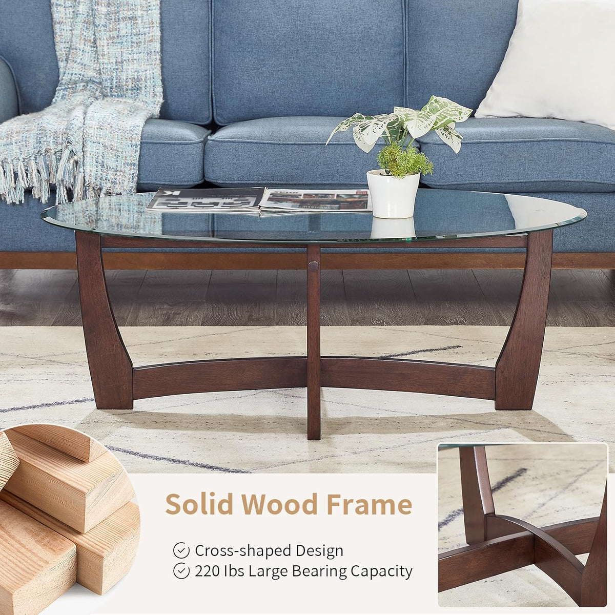 48" Oval Glass Coffee Table with Tempered Glass Top Cross and Solid Wood Base Simple & Modern