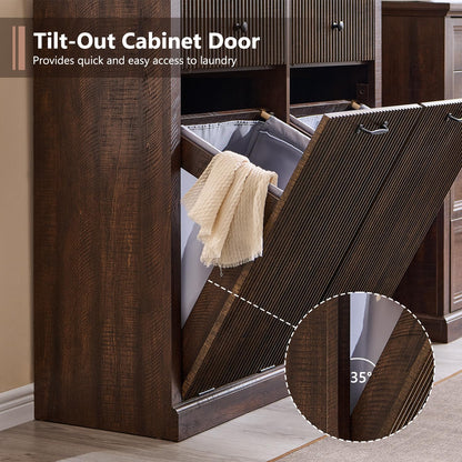 Modern Double Tilt-Out Trash Cabinet, 20 Gallon Fluted Laundry Hamper Cabinet with 2 Drawers
